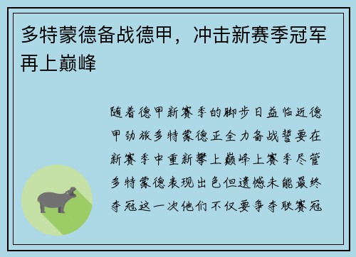 多特蒙德备战德甲，冲击新赛季冠军再上巅峰